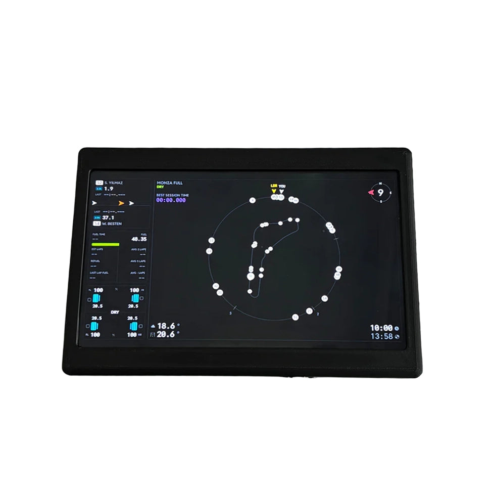 NCRD 10-inch Touchscreen DDU front view, the 10-inch screen showing a SimHub track map and session dashboard