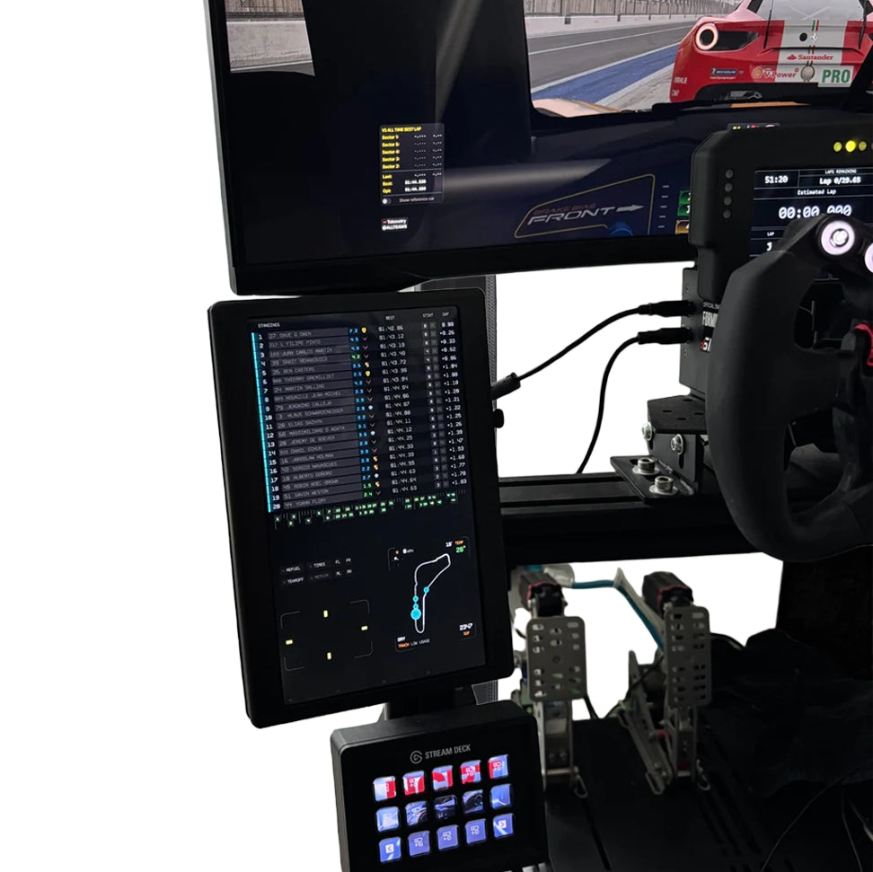 NCRD 10-inch Touchscreen DDU mounted vertically beside a direct-drive wheel and pedals on a sim racing rig, showing a portrait SimHub dashboard