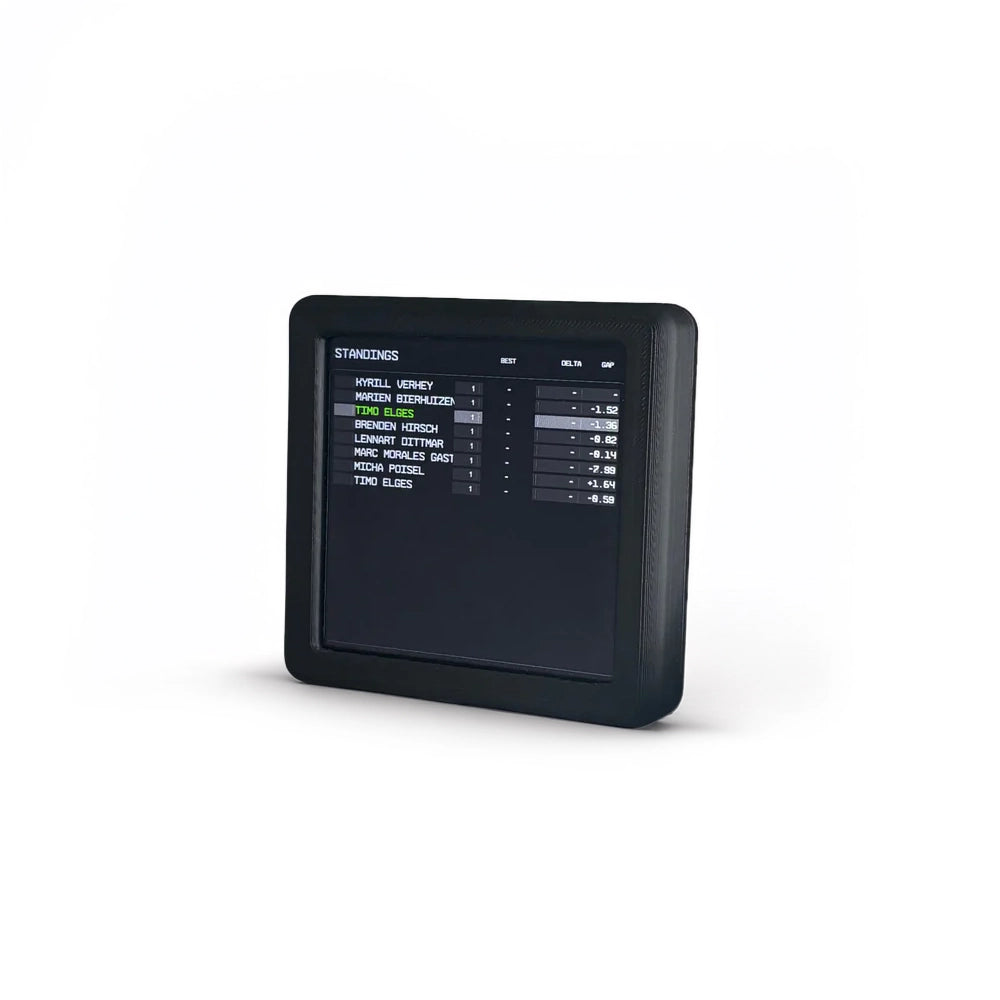 NCRD 4-inch Touchscreen Flagbox showing a SimHub live standings dashboard