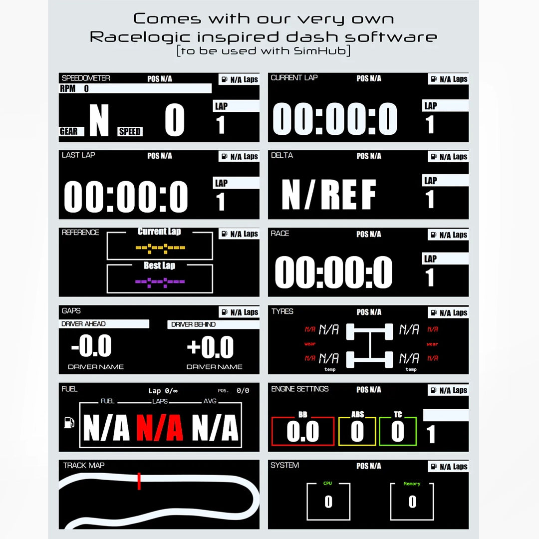 NCRD 4″ Touchscreen Digital
Dashboard Racelogic-style lap timer on Player1 Sim Gear Australia