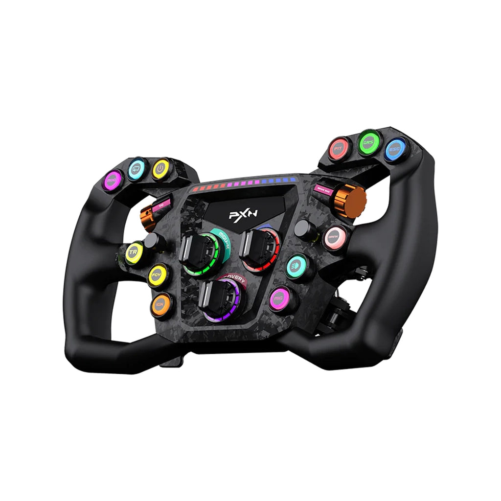 PXN GT ONE steering wheel, three-quarter angled view showing the moulded grips and forged carbon-look faceplate