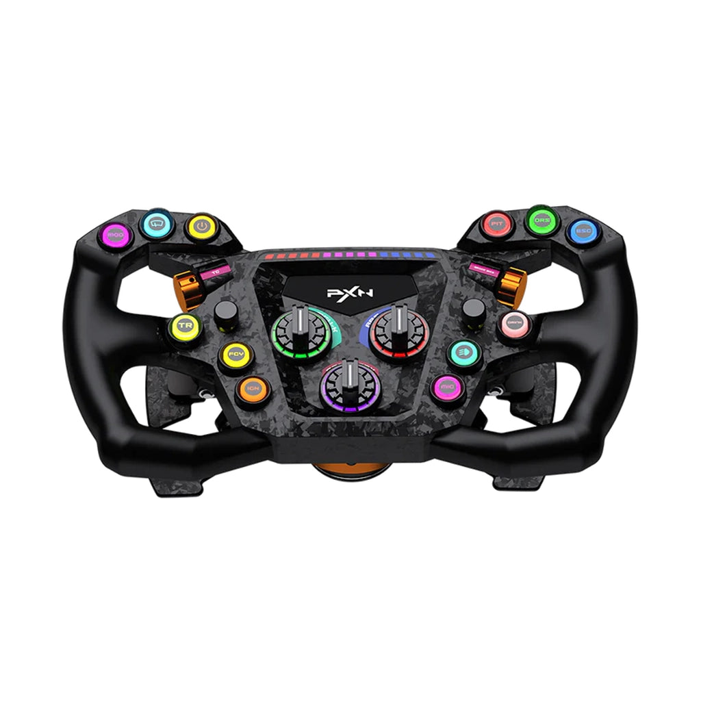 PXN GT ONE steering wheel viewed from above, RGB face lit with the rear quick release hub visible below