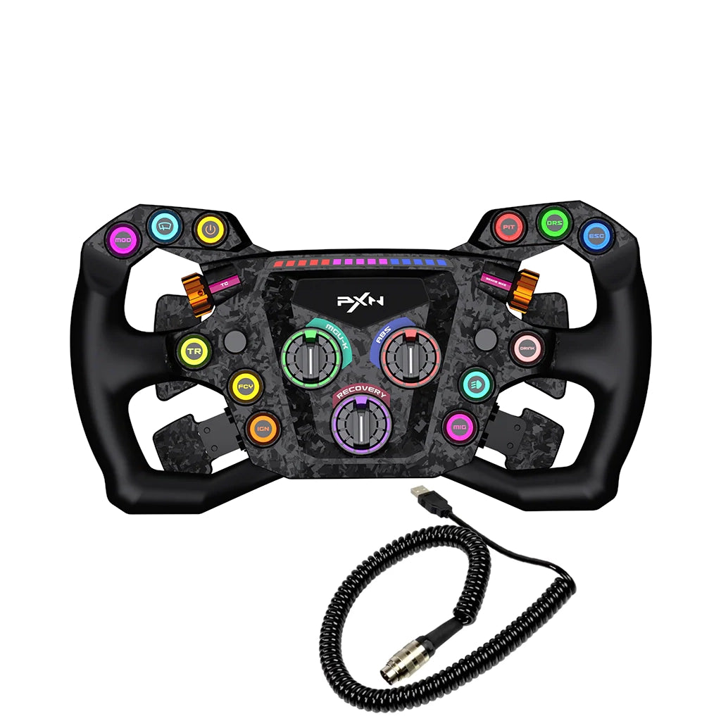 PXN GT ONE steering wheel shown with the included USB coiled cable and aviation-style connector