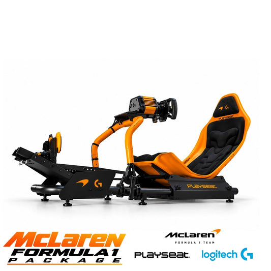 McLaren Formula1 Package: the complete Playseat McLaren cockpit with the Logitech G wheel and pedals, front three-quarter view