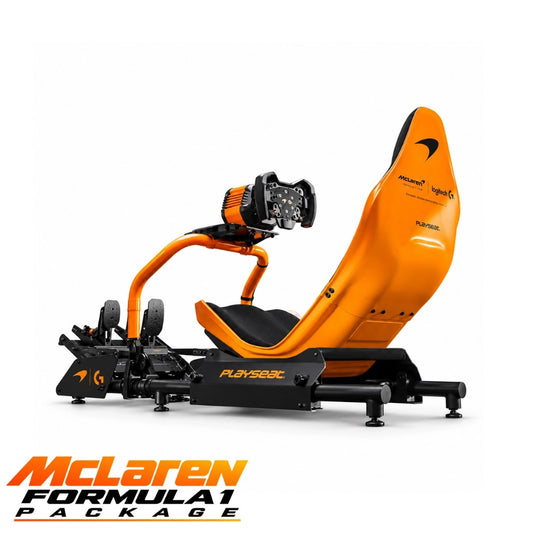 McLaren Formula1 Package, rear three-quarter view showing the papaya Playseat seatback with McLaren and Logitech G branding