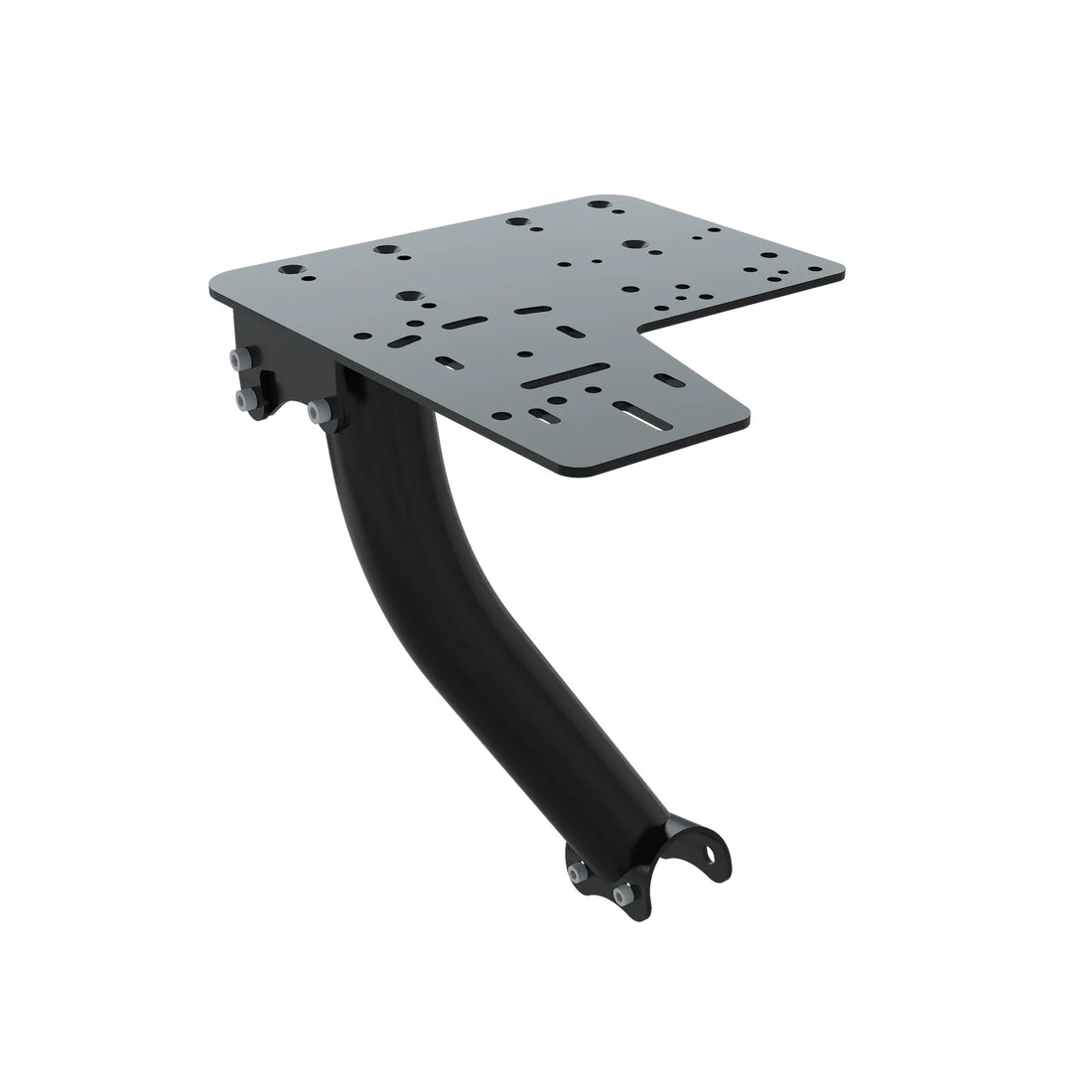 Trak Racer Left/Right Side Shifter/Handbrake Upgrade Kit, three-quarter view showing the drilled mounting plate and curved tubular support arm