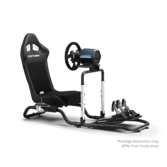 Player1 Sim Starter Pack, three-quarter view — Next Level Racing Victory cockpit with Thrustmaster wheel and pedals