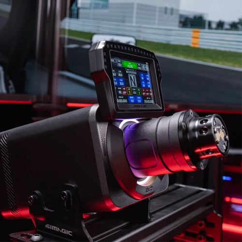 Simagic Zeus MagicDash 4 digital sim racing dashboard display on Player1 Sim Gear lifestyle shot