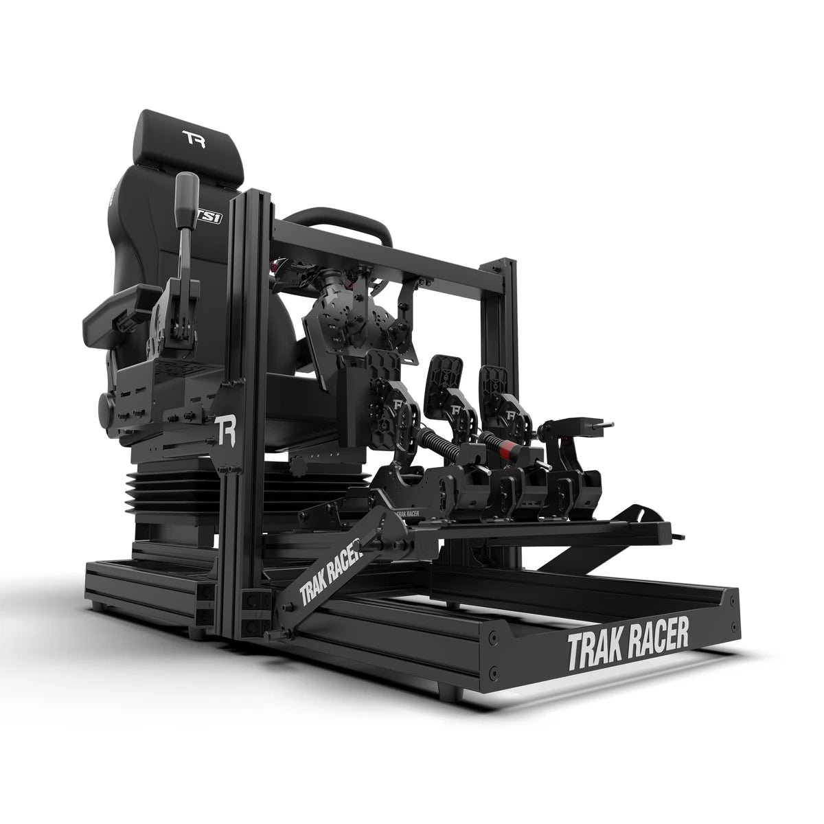 Trak Racer TRK Truck Driving Simulator, three-quarter view of the TS1 suspension truck seat, hybrid pedals and 80x40mm aluminium frame