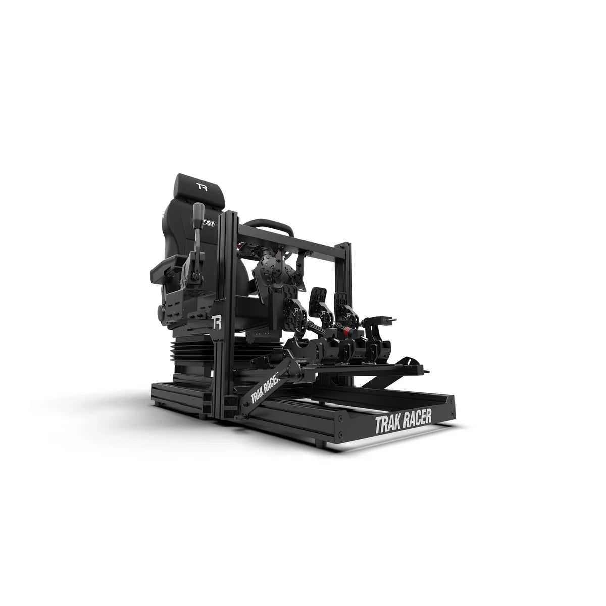 Trak Racer TRK Truck Driving Simulator, three-quarter view of the TS1 suspension truck seat, hybrid pedals and 80x40mm aluminium frame