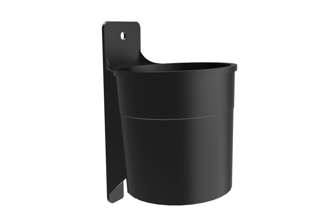 Trak Racer Cup Holder — front left angle view, matte-black nylon for extruded profile rigs
