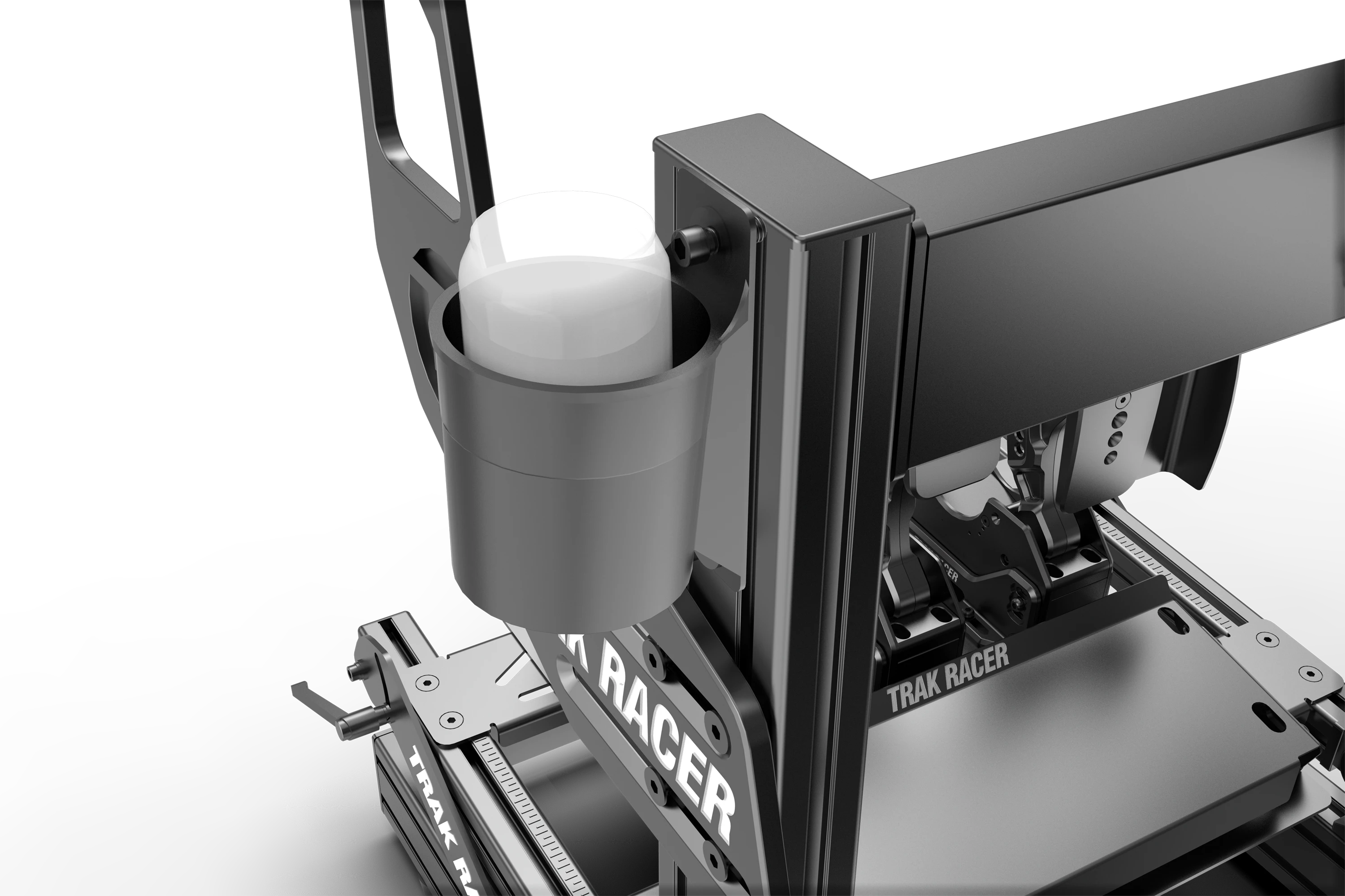 Trak Racer Cup Holder mounted on a sim racing cockpit — in-situ lifestyle image