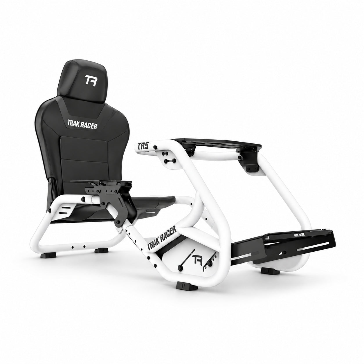 Trak Racer TR5 racing simulator cockpit in white, front right three-quarter view, bare frame with black Trak Racer seat