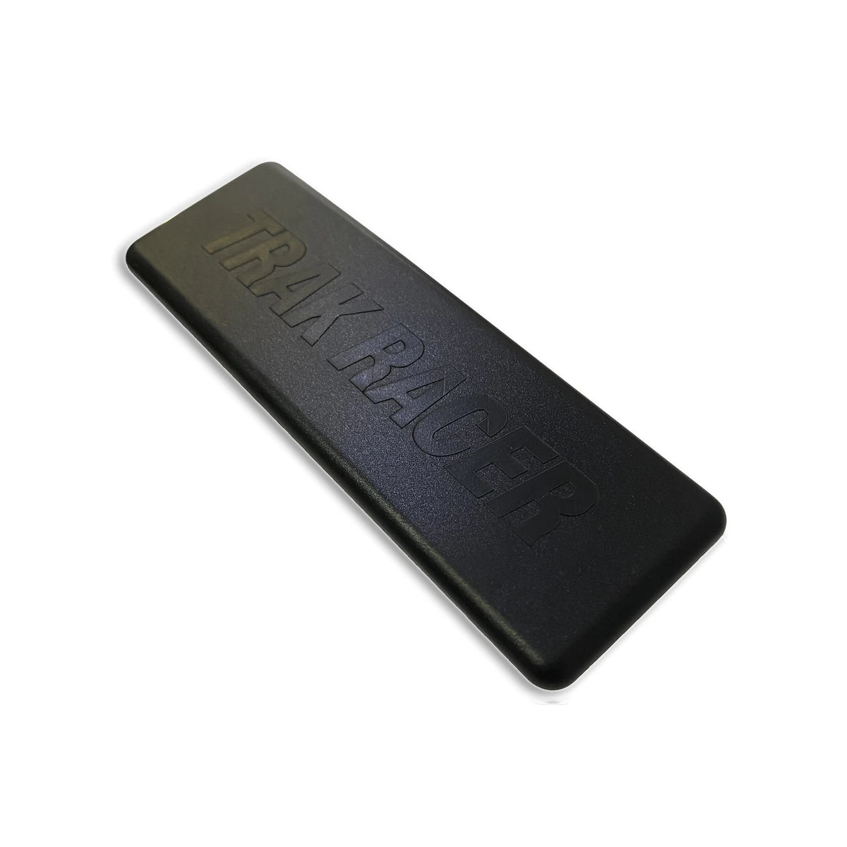 Trak Racer 120x40mm profile end cap, front angle showing embossed Trak Racer logo