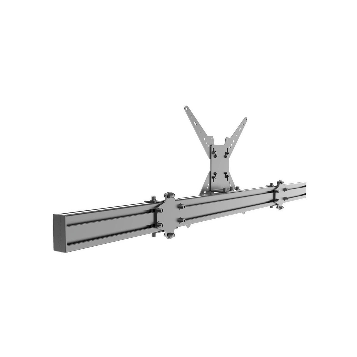 Trak Racer 1500mm monitor stand centre piece, angled detail of the profile beam and VESA extension bracket