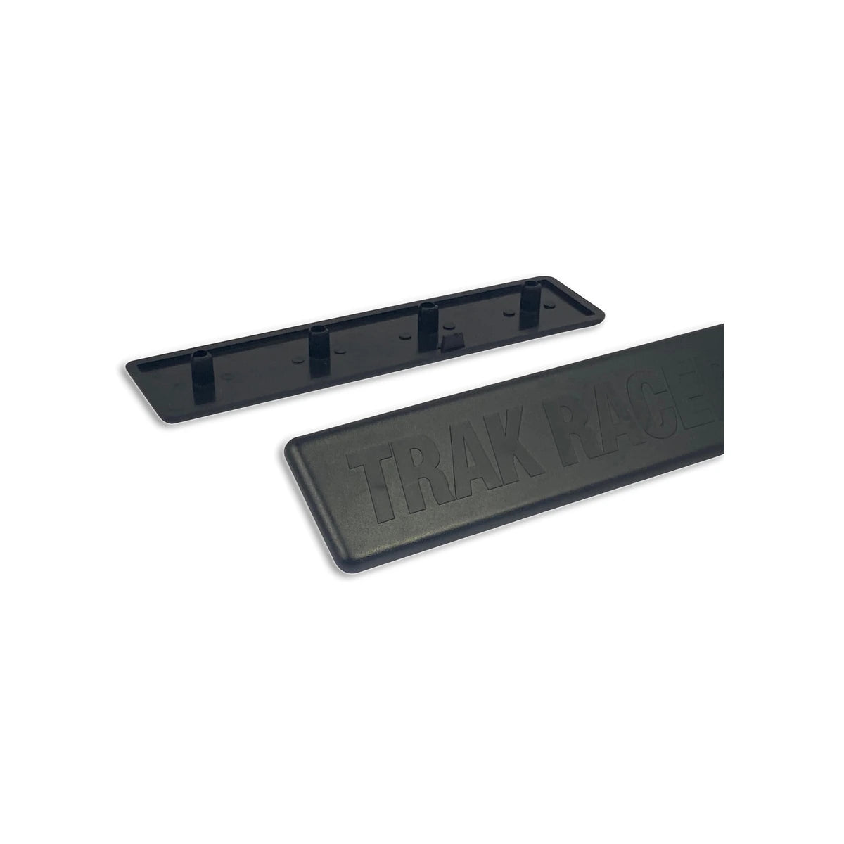 Trak Racer 160x40mm profile end caps, pack of two showing logo face and push-fit pegs