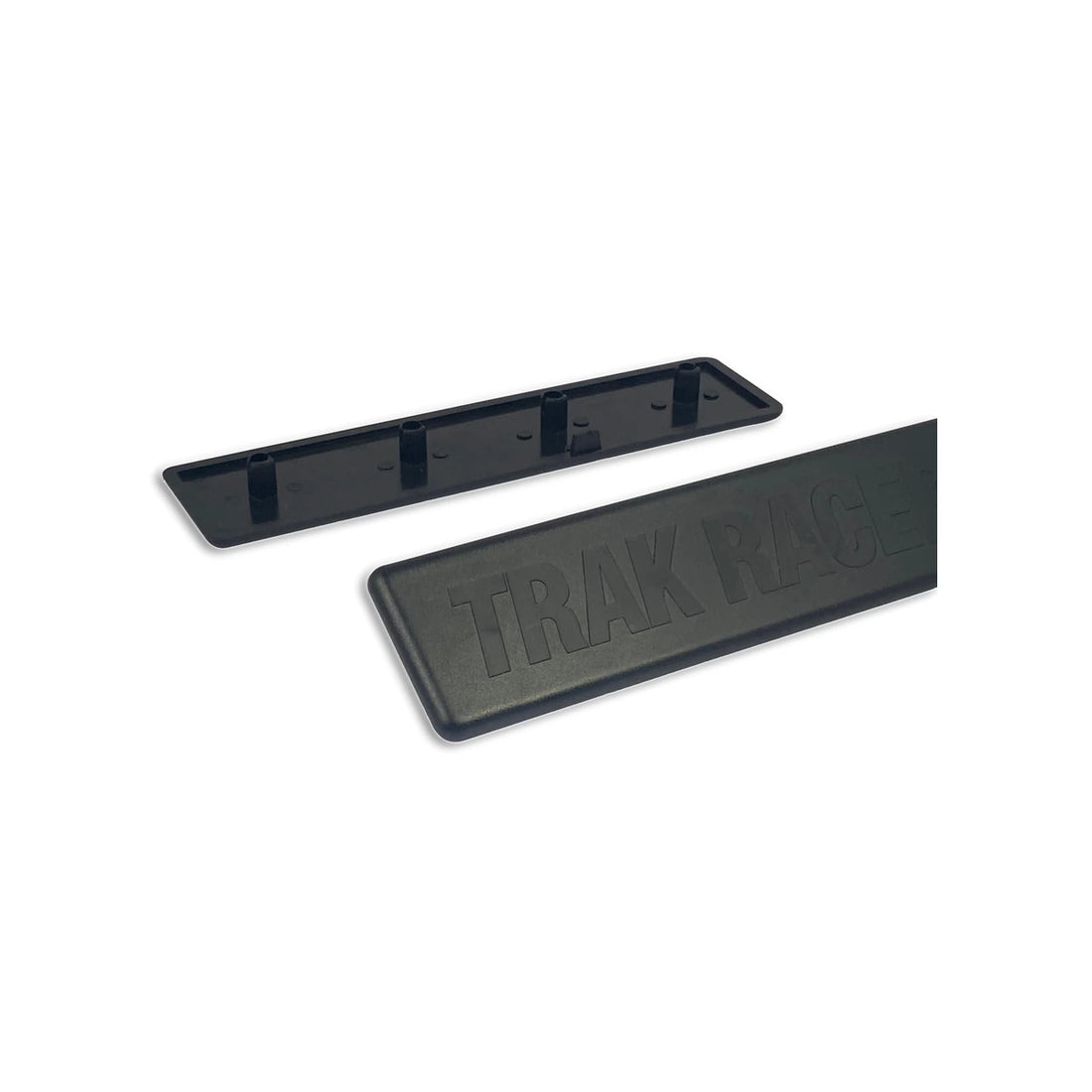 Trak Racer 160x40mm profile end caps, pack of two showing logo face and push-fit pegs