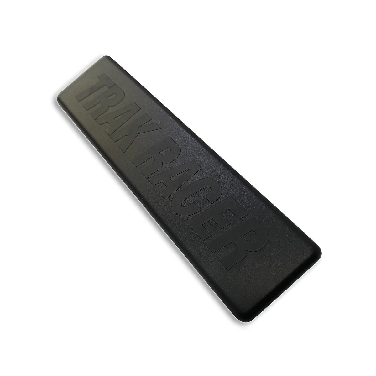 Trak Racer 160x40mm profile end cap, front angle showing embossed Trak Racer logo