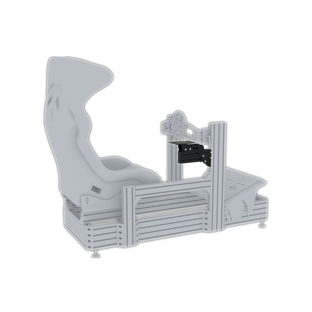 Trak Racer 240mm side mount fitted low on the side of an aluminium-profile sim cockpit, render
