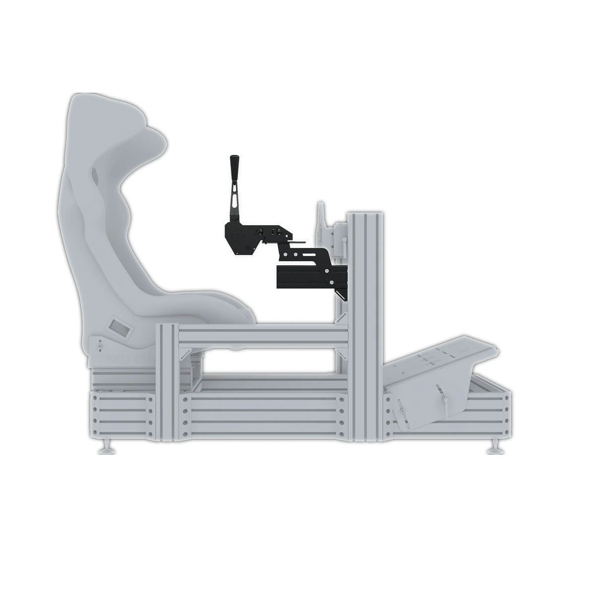Trak Racer 240mm side mount holding a shifter at the driver's side, side render on a sim cockpit