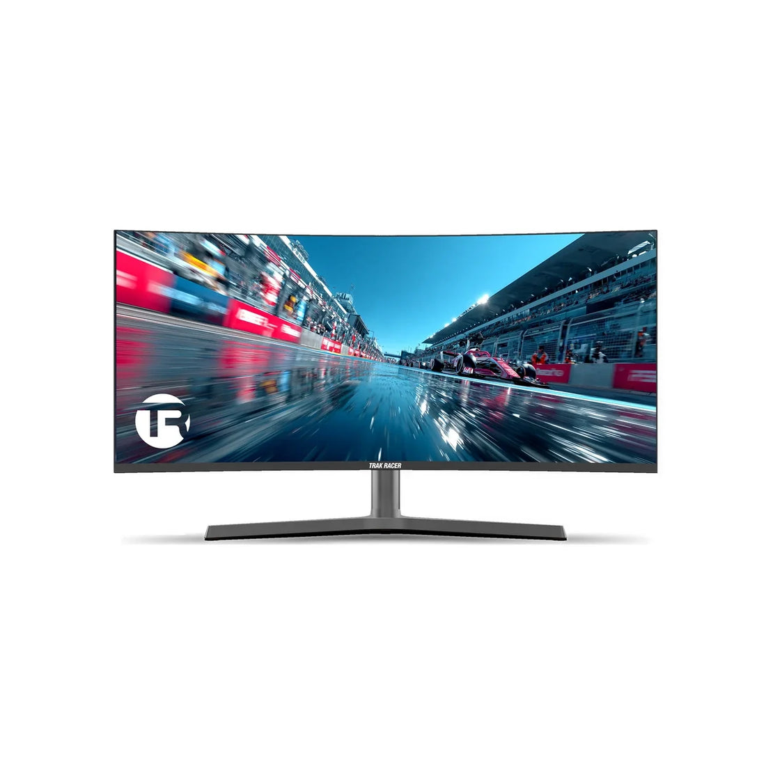 Trak Racer 34-inch ultrawide curved gaming monitor, front view with a racing scene on screen