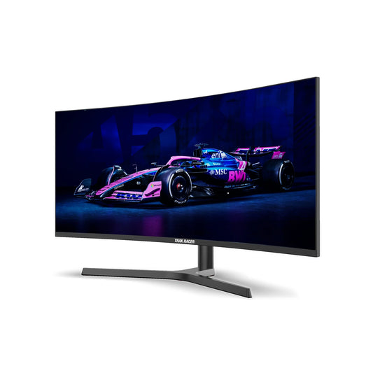 Trak Racer 34-inch ultrawide curved gaming monitor, three-quarter view showing the 1500R curve