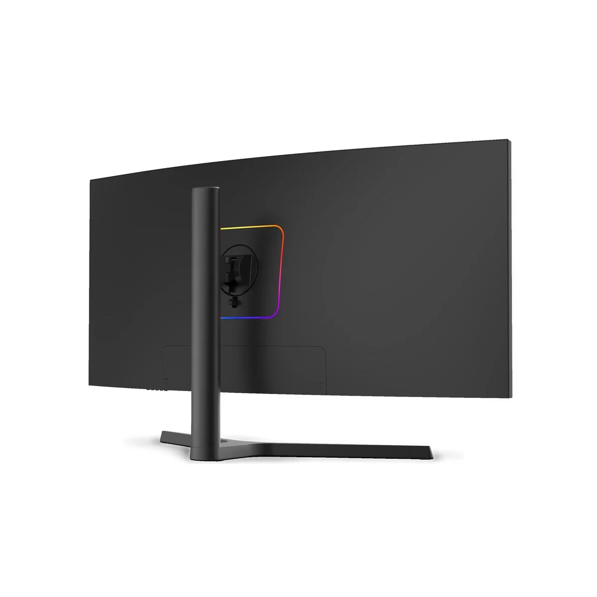 Trak Racer 34-inch ultrawide curved gaming monitor, rear three-quarter view showing RGB lighting and VESA mount