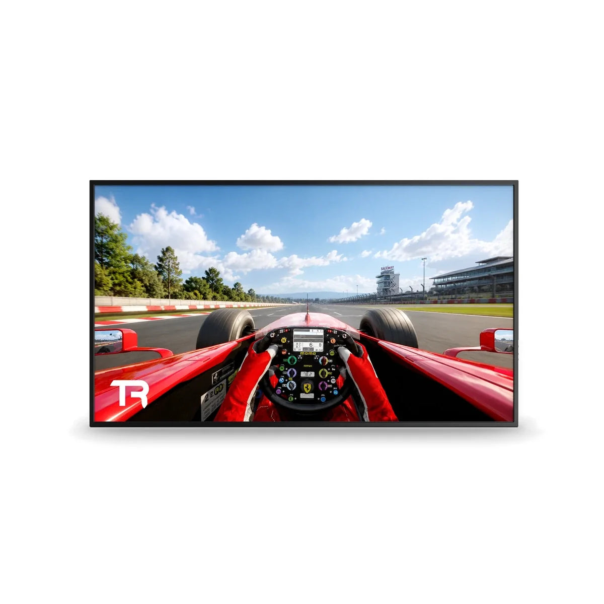 Trak Racer 43-inch 4K UHD IPS gaming monitor, front view with a sim racing scene on screen