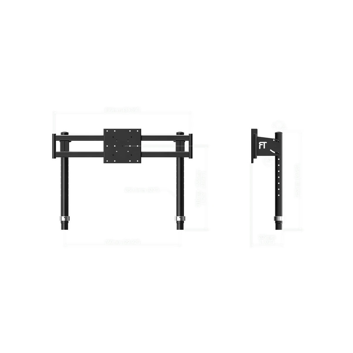 Trak Racer 4th/2nd top monitor mount, front and side profile dimension diagram