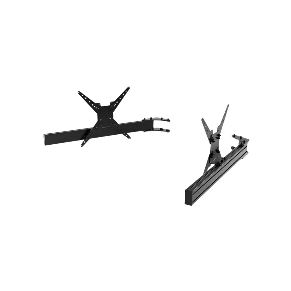 Trak Racer 980mm triple monitor add-on arms with VESA mounts, single-arm and multi-arm rail configurations, angled view