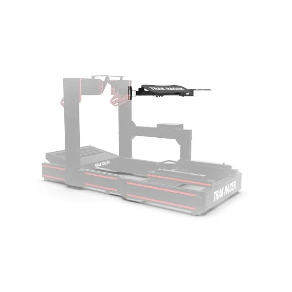 Trak Racer keyboard/mouse tray V2 mounted on aluminium cockpit, front view — folded up beside rig