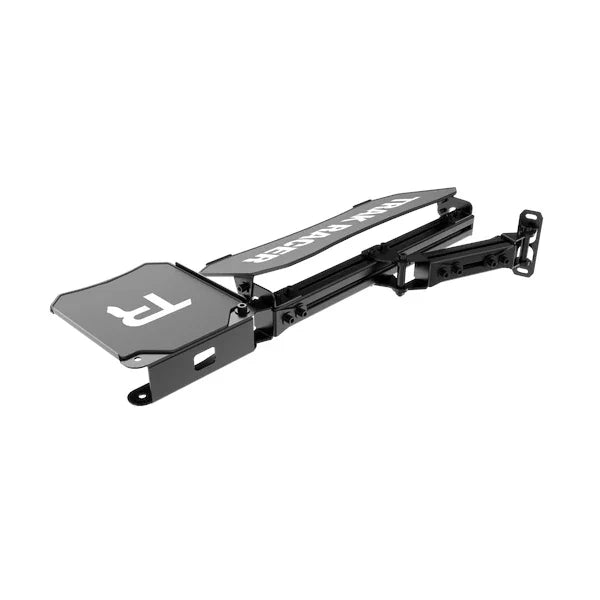 Trak Racer keyboard/mouse tray V2, close-up of swivel mount arm and folding hinge