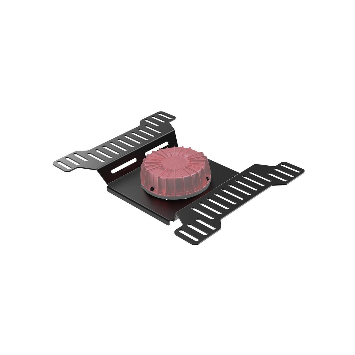 Trak Racer large bass shaker mount, three-quarter view with shaker fitted — slotted seat-bracket tabs