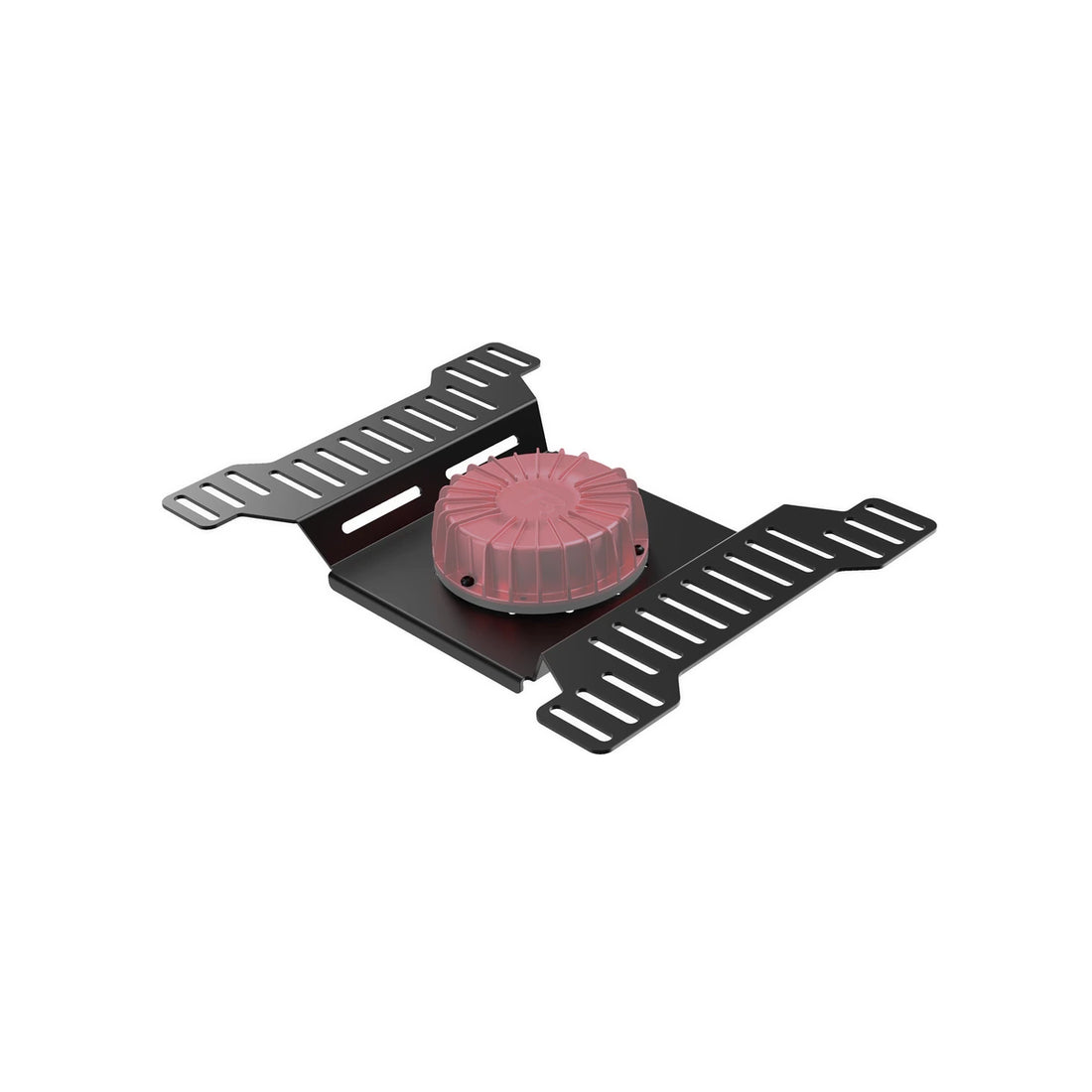 Trak Racer large bass shaker mount, three-quarter view with shaker fitted — slotted seat-bracket tabs