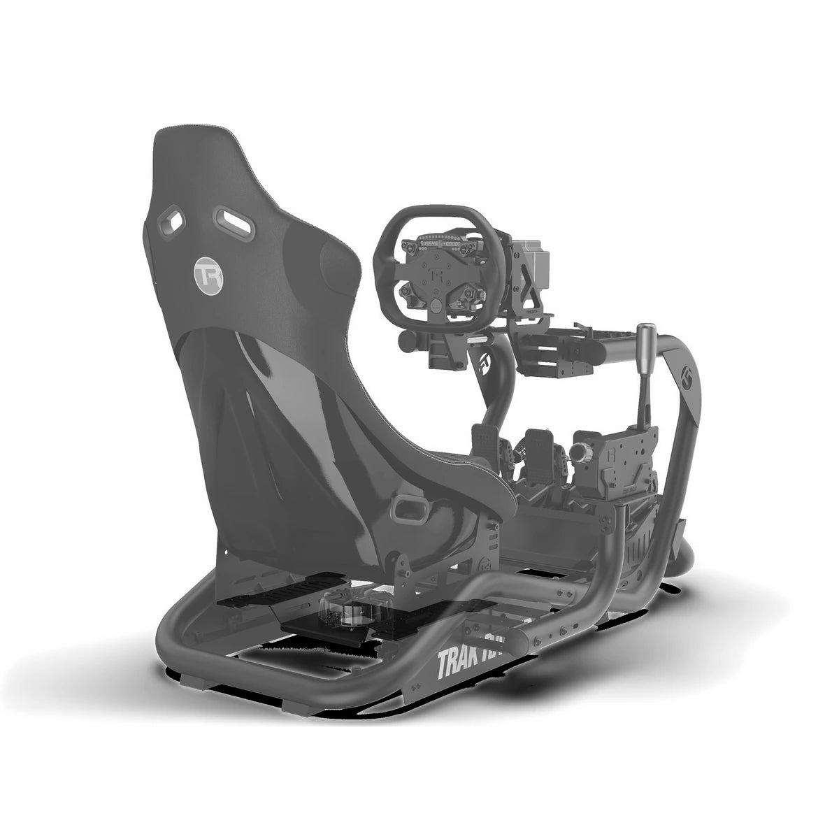 Trak Racer large bass shaker mount shown fitted beneath a Trak Racer seat, side view