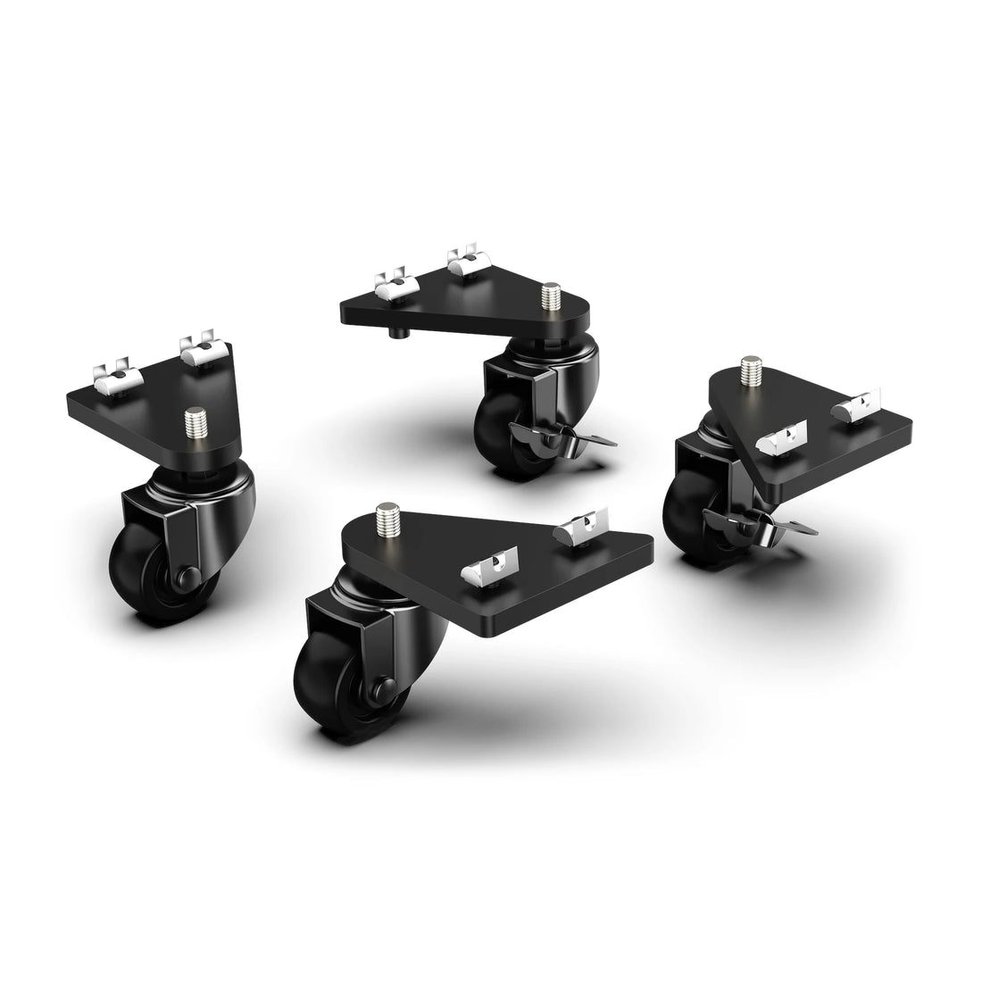 Universal caster wheels with brake and triangular mounting brackets, four assembled casters laid out