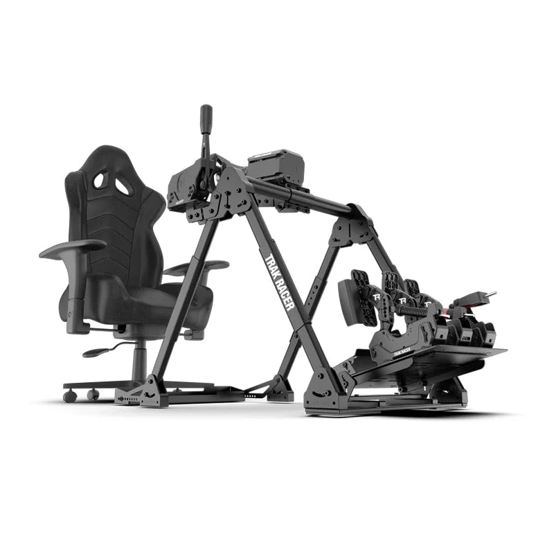 Trak Racer FS3 V2 Wheel Stand set up with wheel, pedals and shifter beside an office chair for reference