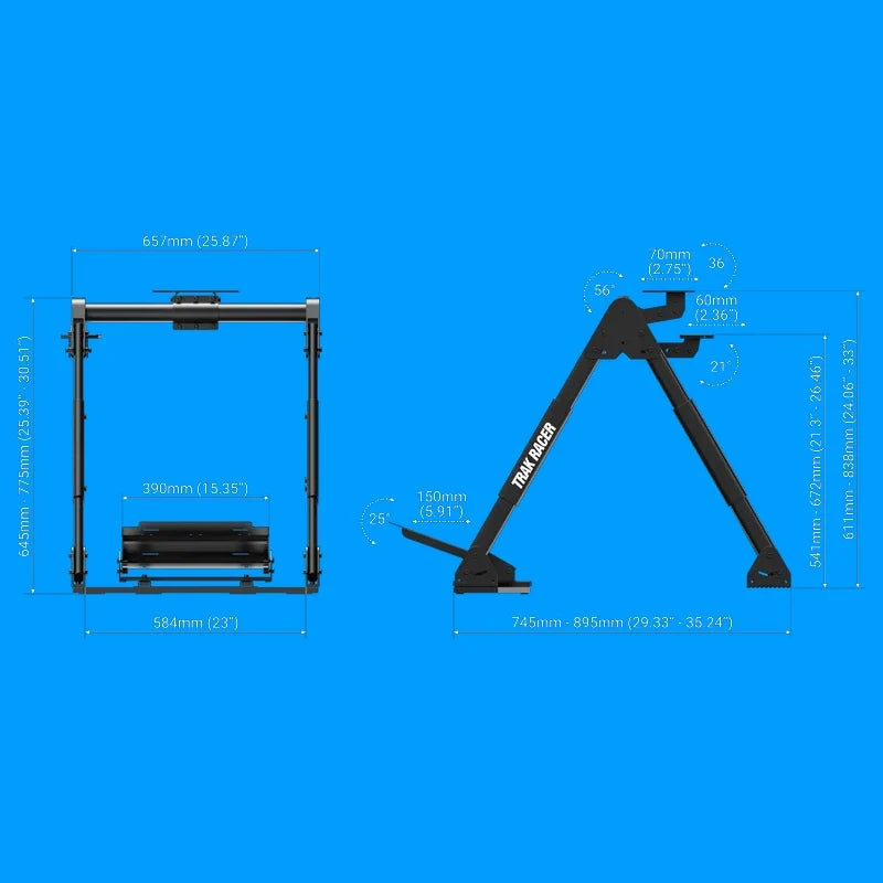 Trak Racer FS3 V2 Wheel Stand dimensions diagram with front and side measurements in mm