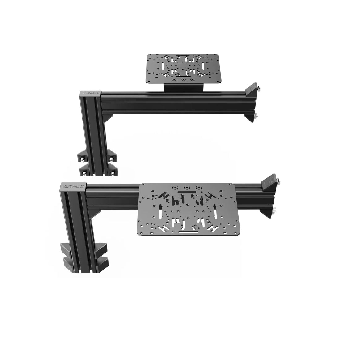 Trak Racer Flight Sim Control Mounts with 2 side supports, two L-shaped profile arms with mounting plates shown together