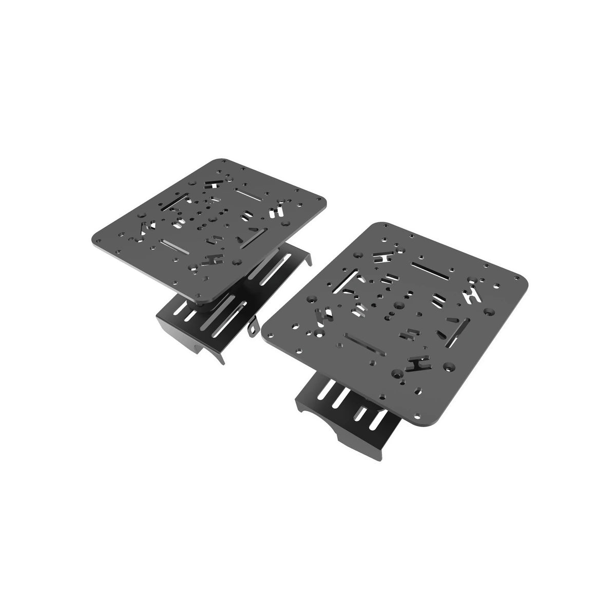 Trak Racer TRX-FS01 flight sim mount set, three-quarter view of the matched left and right brackets for the Alpine Racing TRX