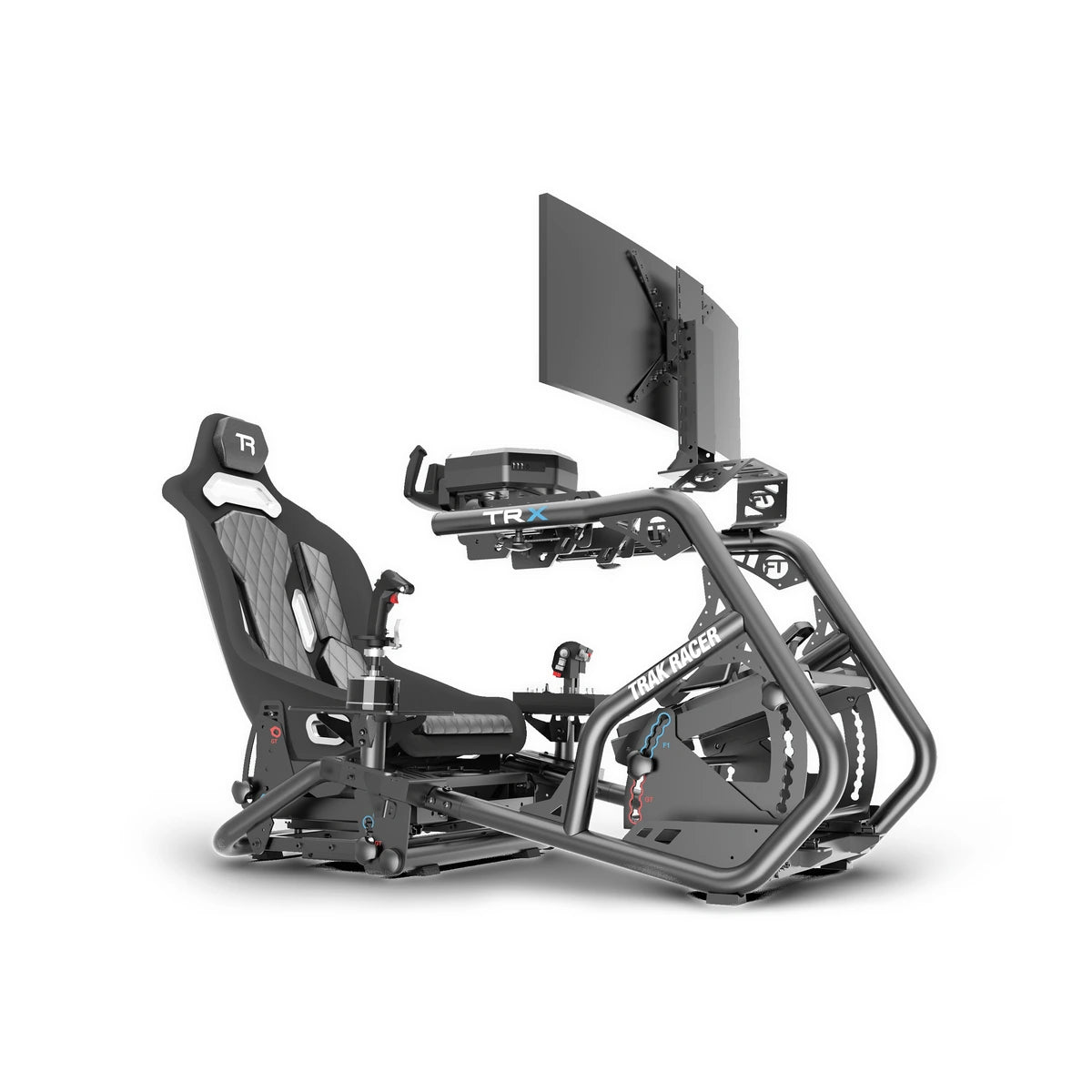 Alpine Racing TRX flight cockpit with Trak Racer TRX-FS01 mounts holding a joystick and throttle, seat and monitor
