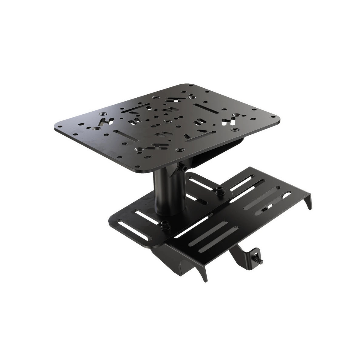 Trak Racer TRX-FS01 flight sim mount, three-quarter view of the perforated top plate, riser and slotted base clamp