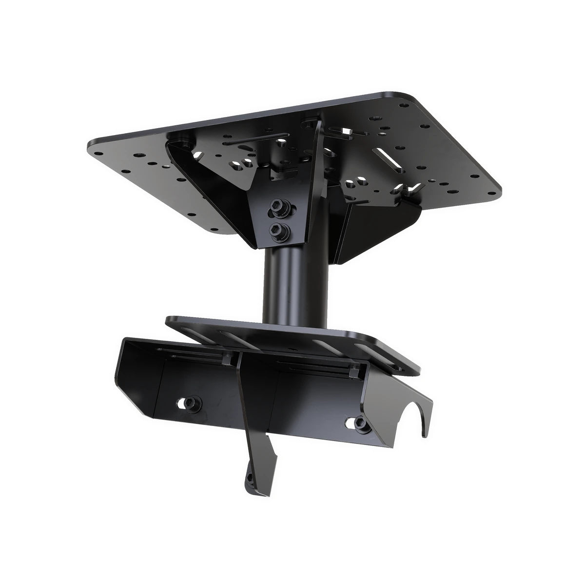 Trak Racer TRX-FS01 flight sim mount, front three-quarter with angled gusset supports under the perforated control plate