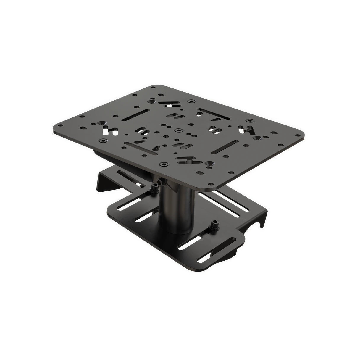 Trak Racer TRX-FS01 flight sim mount, front view of the control plate raised on a riser above the slotted base clamp