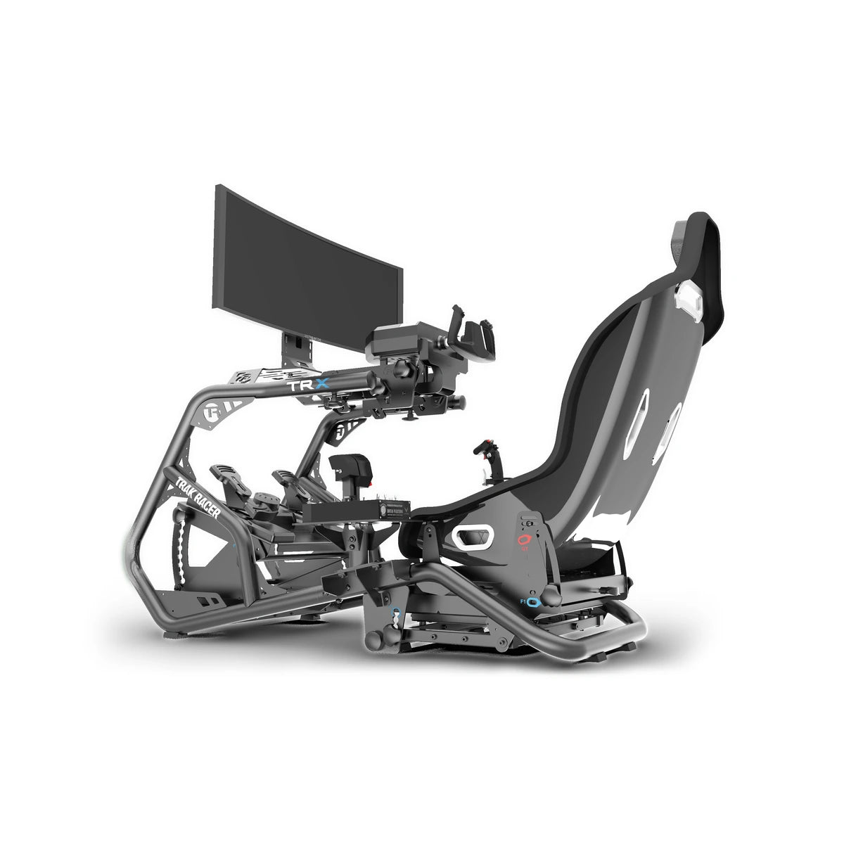 Alpine Racing TRX cockpit fitted with Trak Racer TRX-FS01 flight mounts, seat, curved monitor and joystick, side view