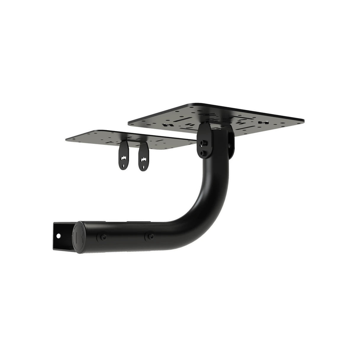 Trak Racer TR-FS02 flight sim mount, side profile of the curved arm and square-tube cockpit clamp with plates fitted