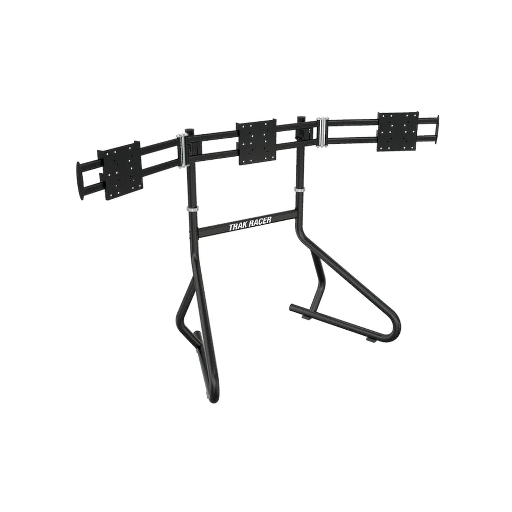 Trak Racer freestanding triple monitor stand, front three-quarter view with VESA mounting plates
