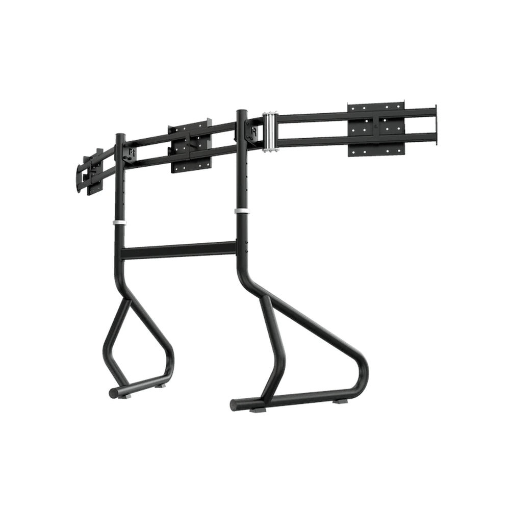 Trak Racer freestanding triple monitor stand, three-quarter view, alternate angle