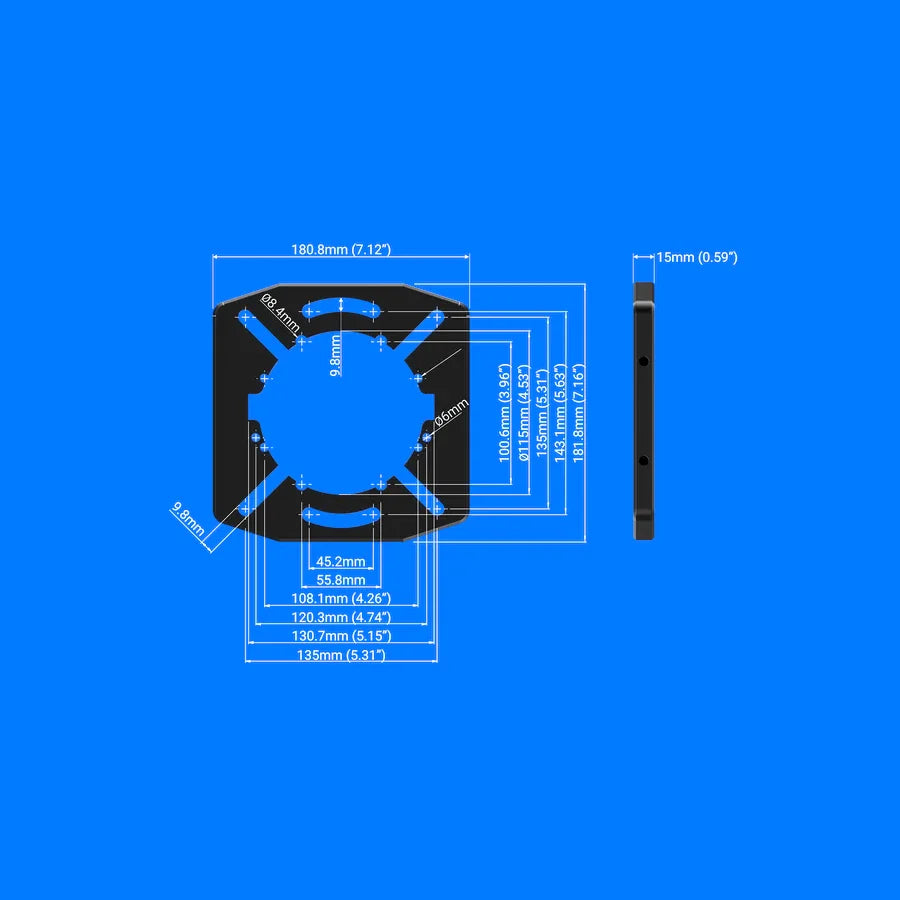 Trak Racer TR-One Universal Wheel Mount dimensions diagram in mm and inches, front and side profiles on blue