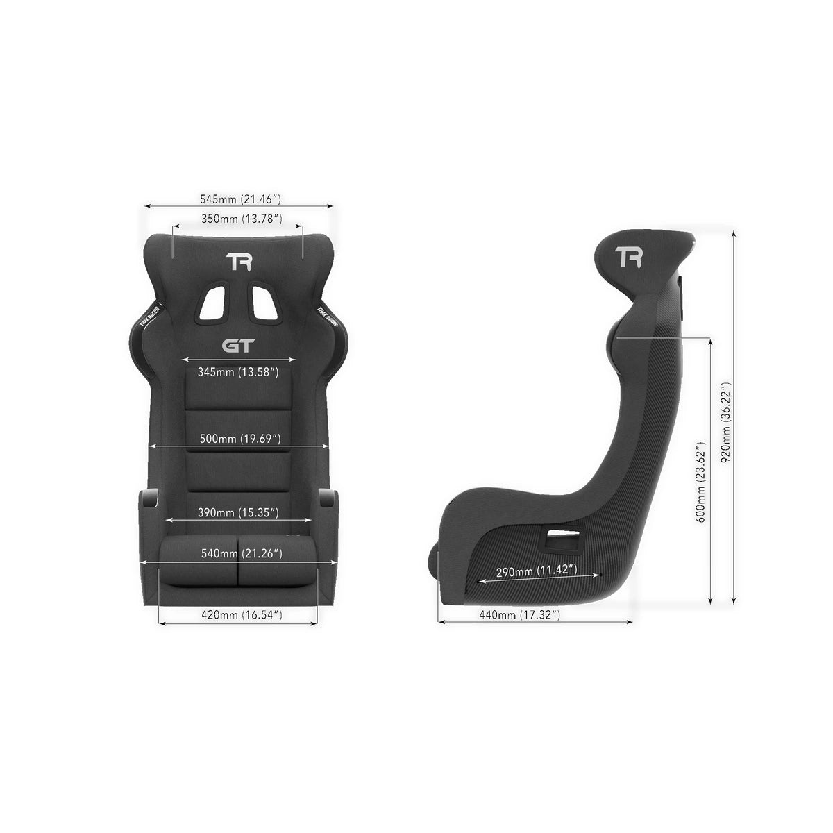 Trak Racer GT Pro carbon fibre finish racing seat — dimensions diagram